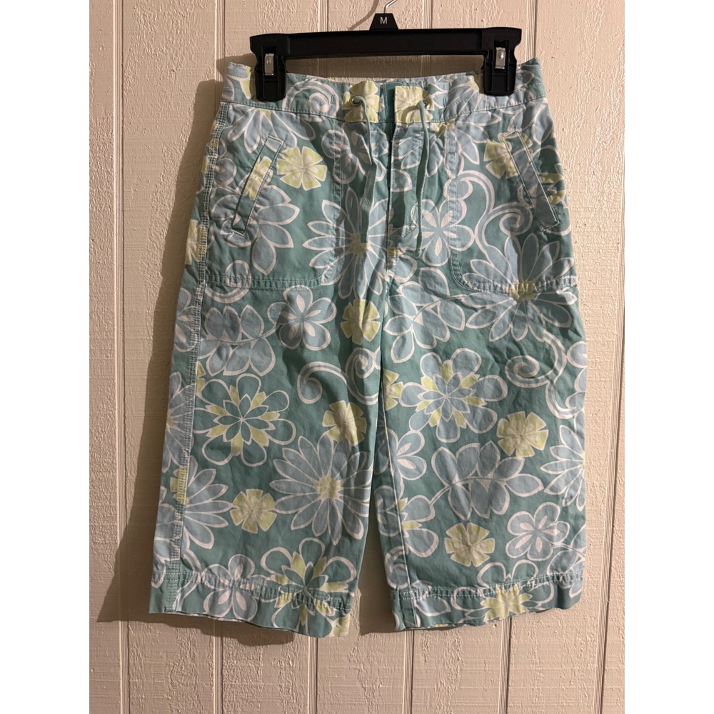 LL Bean Girls Teal Floral Cotton Canvas Capri Pants Size 6X-7 Drawstring Cropped